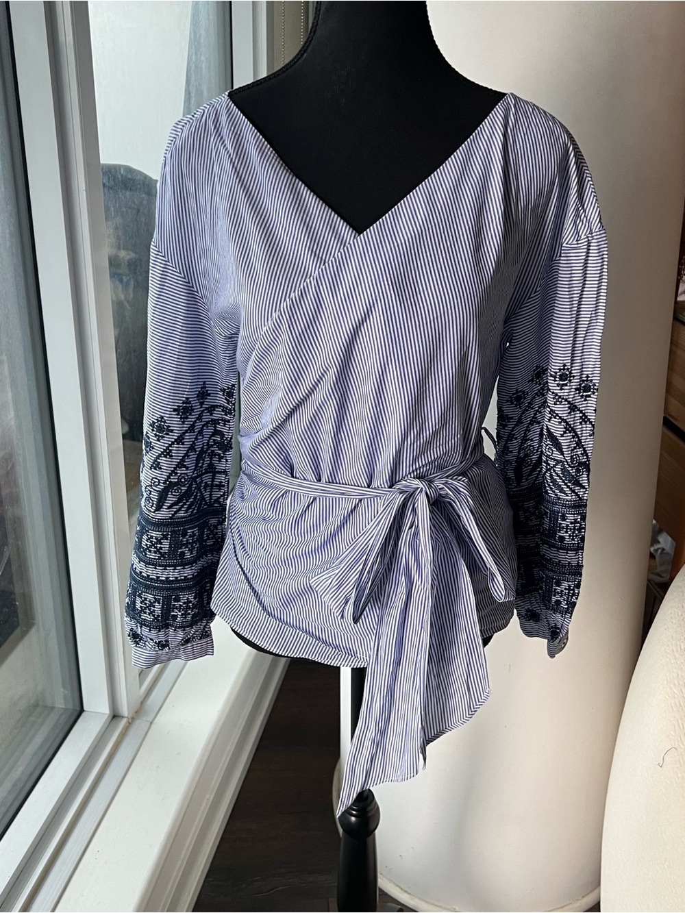 Elegant Striped Wrap Blouse with Embroidered Sleeves - Excellent Condition